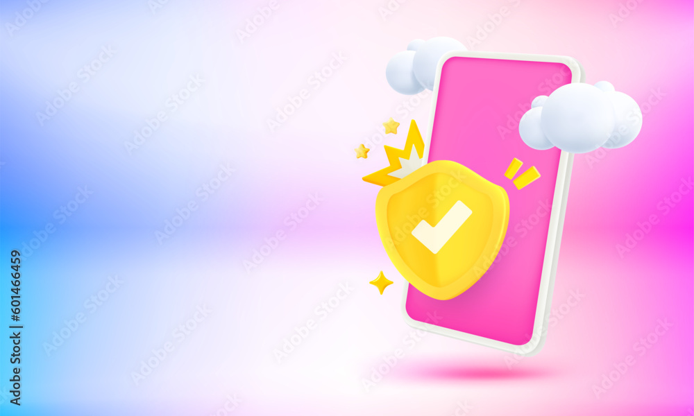 Poster Modern smartphone with shield and blank screen. 3d vector banner with copy space