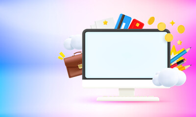 Computer monitor with business elements and blank screen. 3d vector banner with copy space
