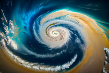 Super typhoon, tropical storm, cyclone, hurricane, tornado, over the ocean approaching the earth. Funnel sucking dust from the desert and a sandstorm. Generative AI