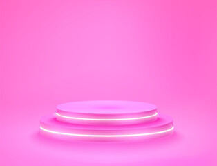 Empty pink neon podium. Vector 3d mockup for product design