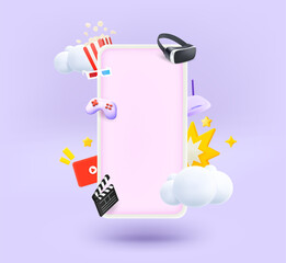 Modern smartphone with video entertainment elements and blank screen. 3d vector illustration