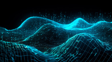 Wave of bright particles. Big data visualization. Network of dots connected by lines. Abstract digital background.
