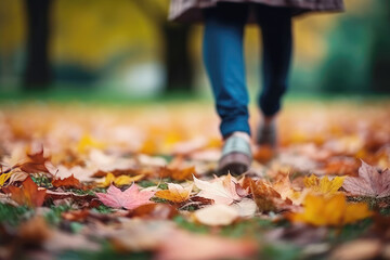 Woman alone walks in the sunny autumn season park. Selective focus