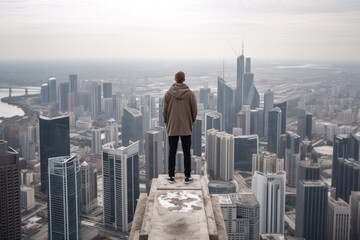 urban man on top of a high-rise building among the metropolis generative ai