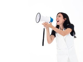 Caucasian business woman speak loud by bullhorn and promote product sale alert on the month isolated on white background with copy space