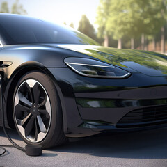 Closeup of a black electric car at an EV charging station in the city, Generative AI image