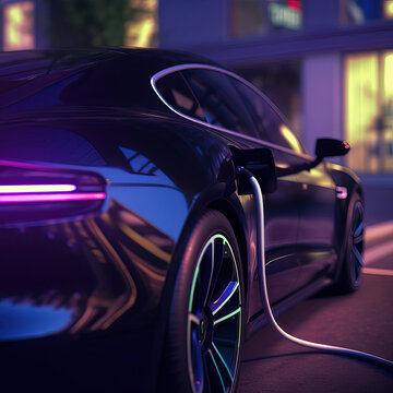 Electric vehicle charging at an iridescent neon lit EV charging station, Generative AI illustration