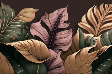 Vintage tropical green brown leaves, beige background, golden texture. Luxury mural, premium wallpaper. 3d painting illustration, watercolor design. Seamless border. Stylish cloth, Generative AI
