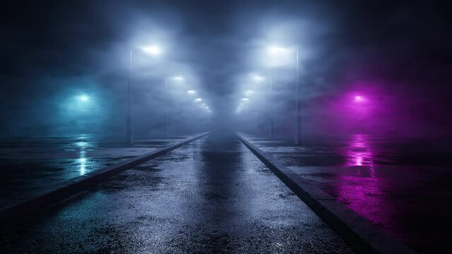 Landscape With An Asphalt Road In Mystical Smoke Illuminated By Lampposts For Banners And Templates In The Seamless 3D Animation And 4K Loop Stock Video