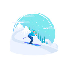 Man goes skiing in the mountains, has a great winter vacation. Christmas holidays. 2D characters