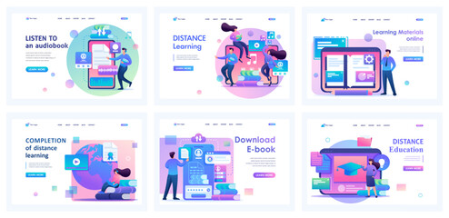 Collection of online training landing pages. People study remotely, courses, university, books, diploma online. Cartoon flat characters