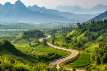 Fototapeta na wymiar mountain winding road summer landscape with green vegetation generative ai