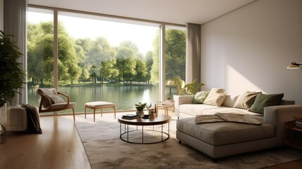 Fototapeta premium Illustration of a minimalist, modern apartment bathed in natural light, Generative AI