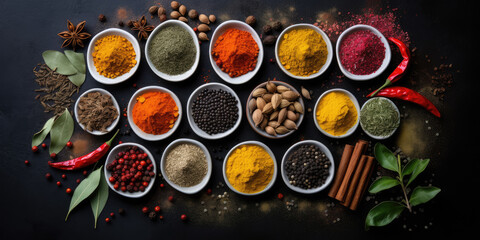Fototapeta na wymiar Colourful various spices and herbs for cooking on dark stone background, Generative ai