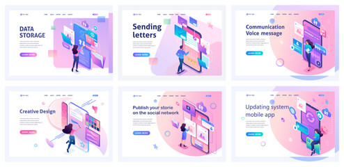 Collection of landing pages. Men and women use smart technologies, mobile phone applications. Data storage, sending emails, Drawing. Isometric characters