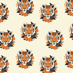 Forest Flower and Leaf Tiger Face Illustration Allover Seamless Pattern Design Artwork 
