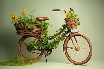 Fototapeta na wymiar Bicycle made of natural green plants. Eco friendly transportation. Zero emission and no pollution transport concept. Created with Generative AI