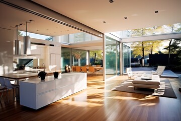 Fototapeta premium An open plan kitchen and living space in a modern, sleek style, generative AI