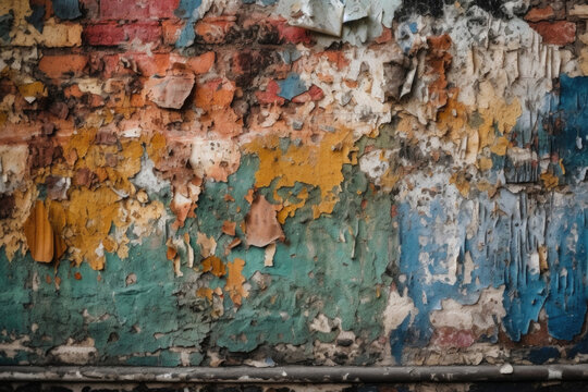 Aged wall with colorful peeling pieces of paint. Abstract wallpaper background. Created with Generative AIAI © Lazy_Bear