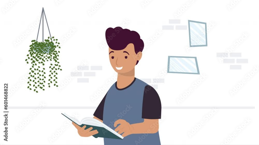 Poster man reading text book animation