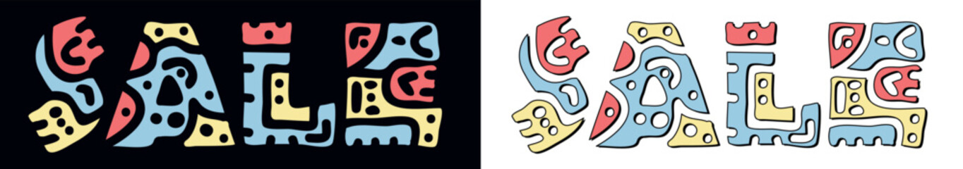 SALE. Doodle isolate text. Colored curves decorative doodle letters. Folk artwork style. Australian city SALE for print, booklet, banner, flyer. Stock vector.