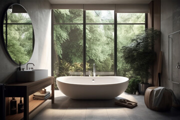 Fototapeta premium Find peace and relaxation in this bright and clean bathroom, featuring a sleek freestanding bathtub and contemporary fixtures. AI Generative.