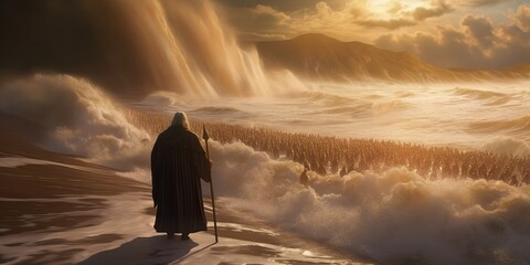 Moses opening the Red Sea in the Exodus part of the Bible, generative ai - obrazy, fototapety, plakaty