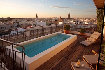 Naklejka premium Impressive penthouse terrace with a swimming pool overlooking Sevilla, generative AI
