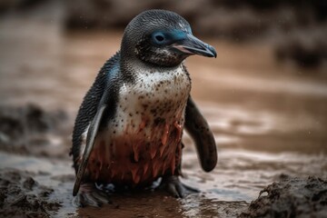 Fototapeta premium Small pinguin dirty with mad in distress, generative ai