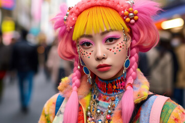Harajuku girl in Tokyo, beautiful woman portrait, Japanese girl wearing mix modern contemporary clothes fashion style, Generative Ai - obrazy, fototapety, plakaty
