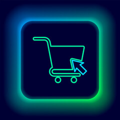 Glowing neon line Shopping cart with cursor icon isolated on black background. Online buying concept. Delivery service sign. Supermarket basket symbol. Colorful outline concept. Vector