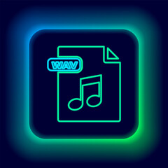 Glowing neon line WAV file document. Download wav button icon isolated on black background. WAV waveform audio file format for digital audio riff files. Colorful outline concept. Vector