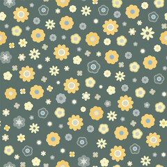 A seamless floral pattern, various cute daisies on a pastel green background, a bloomy pattern in yellow and green, 60s hippy style background