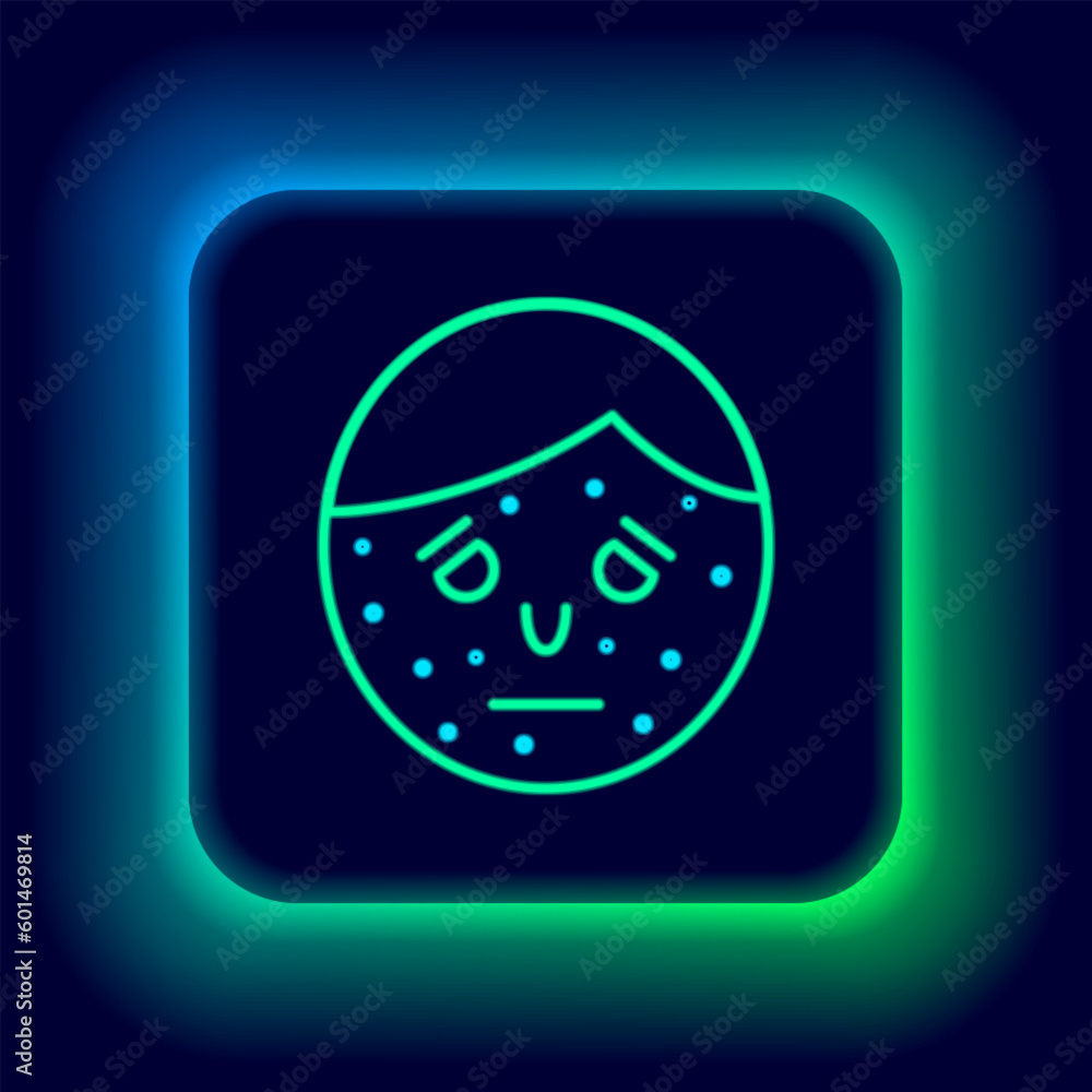 Poster Glowing neon line Face with psoriasis or eczema icon isolated on black background. Concept of human skin response to allergen or chronic body problem. Colorful outline concept. Vector