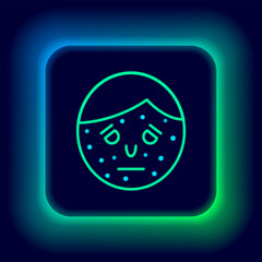 Glowing neon line Face with psoriasis or eczema icon isolated on black background. Concept of human skin response to allergen or chronic body problem. Colorful outline concept. Vector