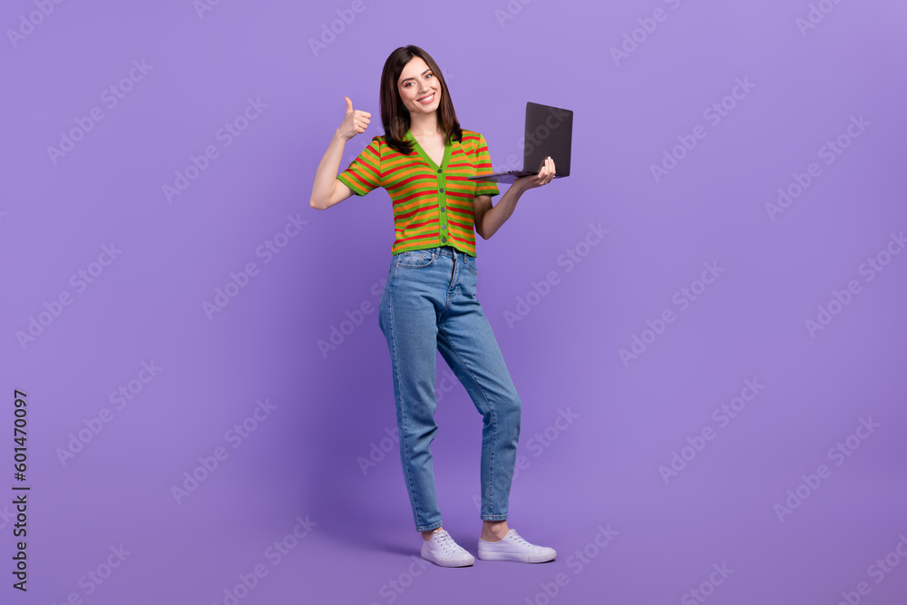 Sticker Full length photo of cute confident lady wear striped cardigan showing thumb up chatting gadget isolated purple color background