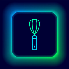 Glowing neon line Kitchen whisk icon isolated on black background. Cooking utensil, egg beater. Cutlery sign. Food mix symbol. Colorful outline concept. Vector