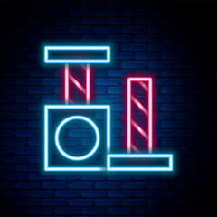 Glowing neon line Cat scratching post with toy icon isolated on brick wall background. Colorful outline concept. Vector