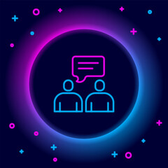 Glowing neon line Two sitting men talking icon isolated on black background. Speech bubble chat. Message icon. Communication or comment chat symbol. Colorful outline concept. Vector