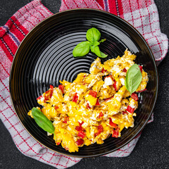 scramble eggs pepper paprika healthy meal food snack on the table copy space food background rustic top view