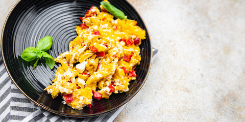 scramble eggs pepper paprika healthy meal food snack on the table copy space food background rustic top view