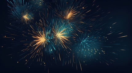 Naklejka premium Happy New Year Abstract background with Golden fireworks. Bright on dark blue background. Generative ai