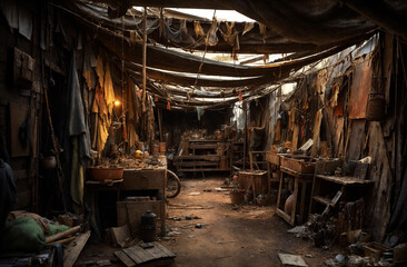 Slums, shacks, poor, small, old shabby houses in the slum district.