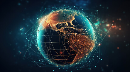Obraz premium Global network technology icon in neon on gradient background. Generative ai