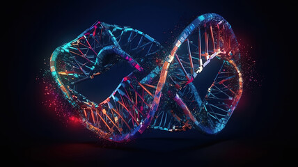 Abstract 3d polygonal wireframe DNA molecule helix spiral on blue. Generative ai