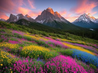 Fototapeta na wymiar Magic sunset in summer mountain.Flowers. Generative AI