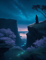 Sunrise at mountains with standing mysterious man