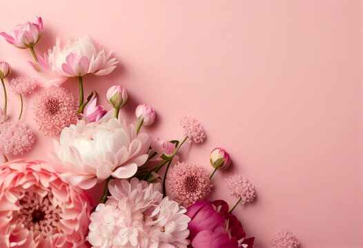 Mother's day, womens's day background, pink and white flowers , flat lay, pink pastel background. High quality photo Generative AI