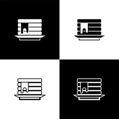 Set Stack of pancakes with honey icon isolated on black and white background. Breakfast concept. Vector