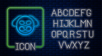 Glowing neon Dog icon isolated on brick wall background. Neon light alphabet. Vector